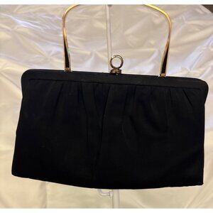 Vintage After Five Black Satin Evening Bag With Gold-Tone Handle & Snap Closure